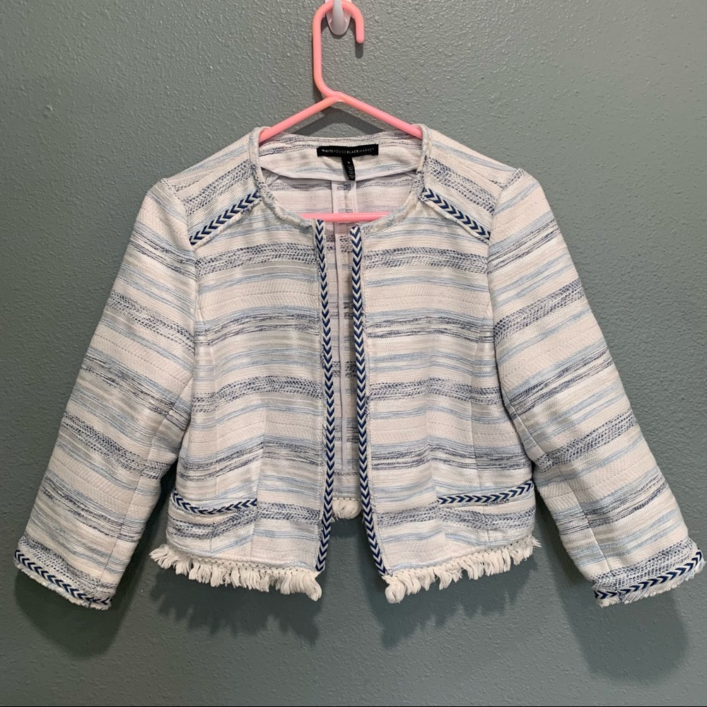 White House Black Market | Opal Blue and White Fringe Blazer size 8